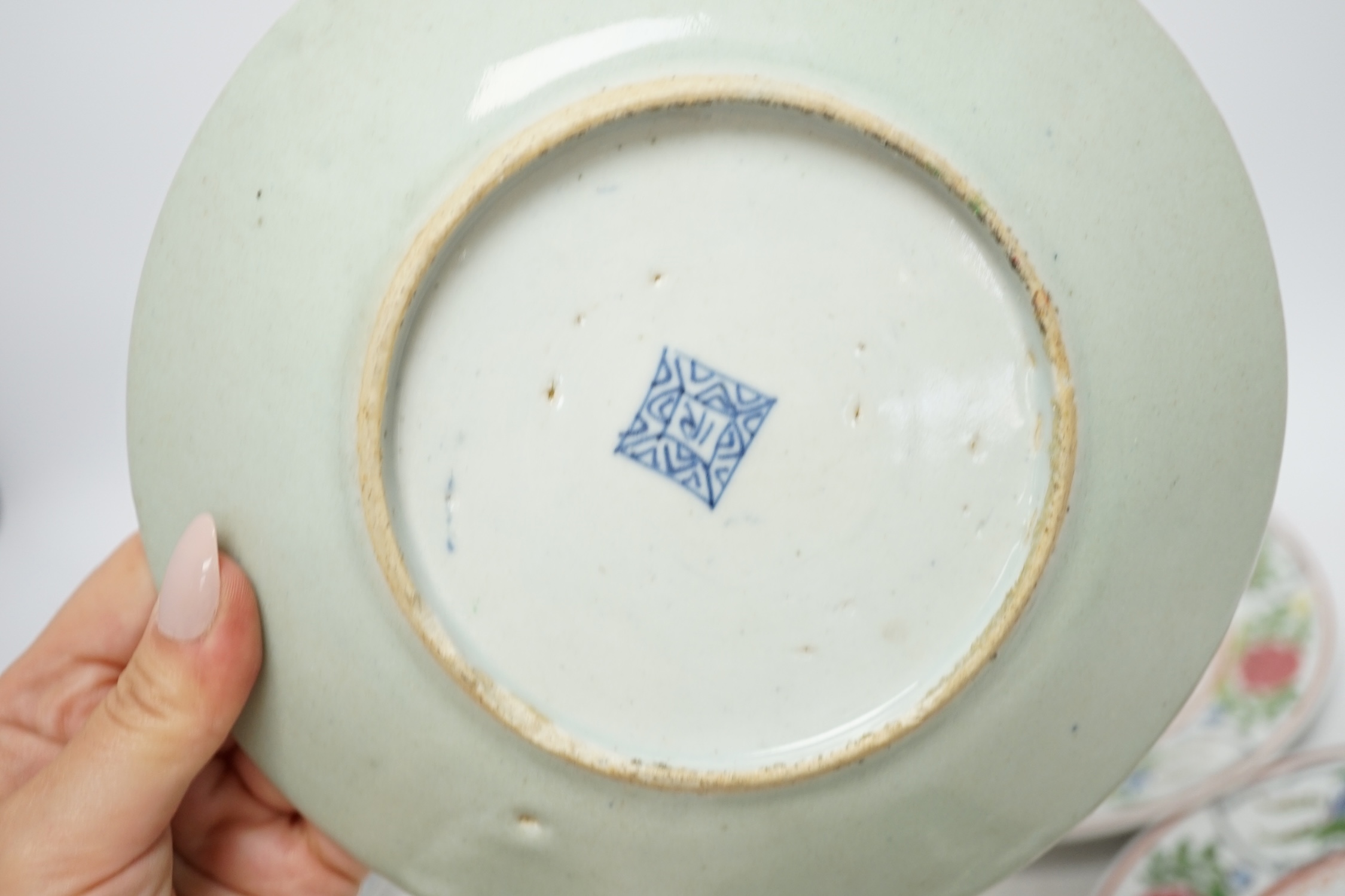 Six various Chinese plates including three 19th century celadon ground plates, largest 23cm diameter. Condition - fair